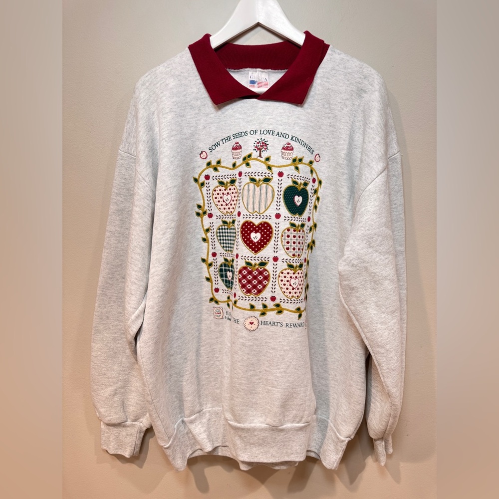 Vintage Graphic International Heart Sweatshirt Made USA Cottagecore Folk Art - Picture 2 of 6